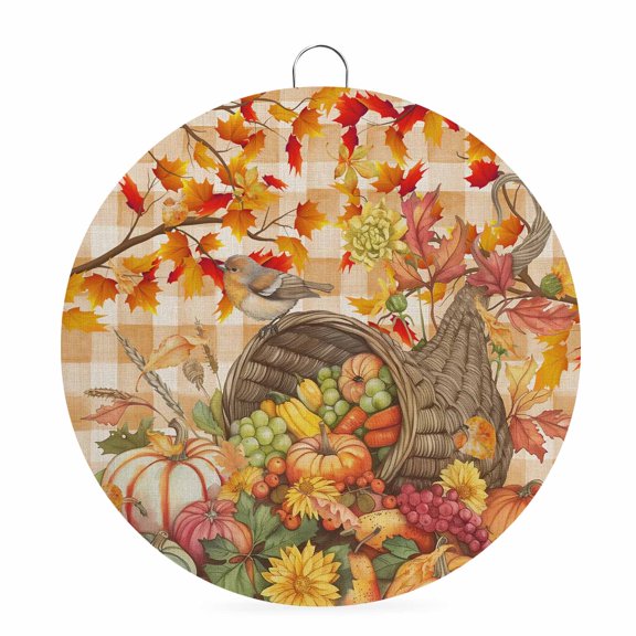 Fall Round Metal Signs for Outside Floral Leaves Pumpkin Tin Signs Stainless Steel Hook Fruit Orange Buffalo Plaid Thanksgiving Metal Sign for Front Door Porch Hanging Wall Decor Gifts 6 Inch
