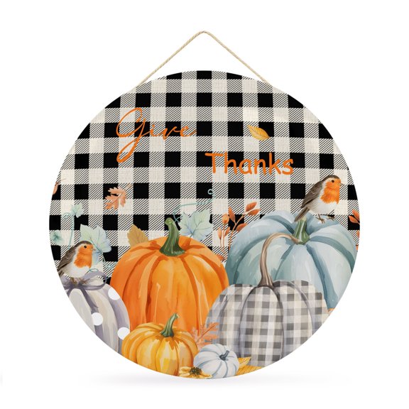 Fall Round Metal Signs for Outside Harvest Pumpkin Bird Tin Signs with Rope Home Sign Give Thanks Maple Leaf Plaid Thanksgiving Metal Sign for Front Door Porch Hanging Wall Decor Gifts 12 Inch