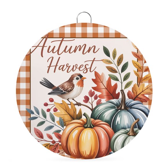 Fall Round Metal Signs for Outside Harvest Pumpkin Tin Signs Stainless Steel Hook Tits Bird Plaid Autumn Harvest Thanksgiving Metal Sign for Front Door Porch Hanging Wall Decor Gifts 6 Inch