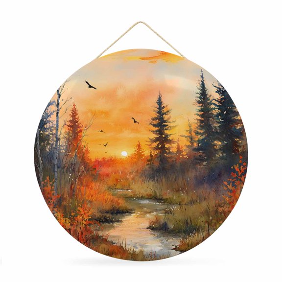 Fall Round Metal Signs for Outside Orange Sunset Forest Tin Signs with Rope Welcome Home Sign Plaque Bird Mountain Thanksgiving Metal Sign for Front Door Porch Hanging Wall Decor Gifts 12 Inch
