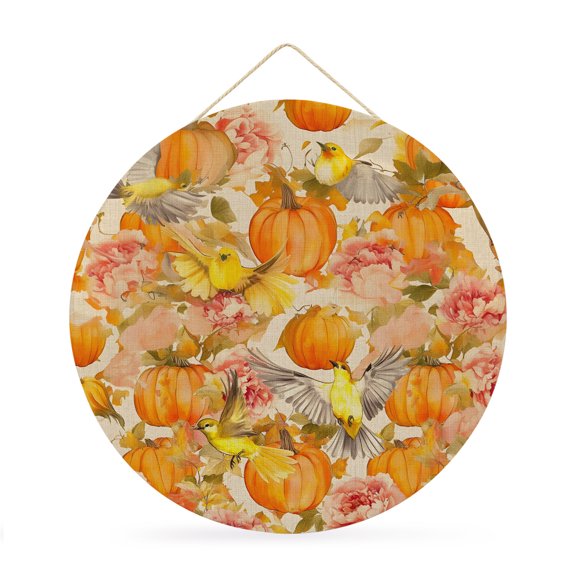 Fall Round Metal Signs for Outside Pumpkin Flowers Tin Signs with Rope Welcome Home Sign Plaque Autumn Bird Linen Thanksgiving Metal Sign for Front Door Porch Hanging Wall Decor Gifts 12 Inch
