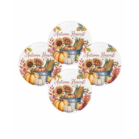 Fall Round Placemats Set of 4 Autumn Harvest Pumpkin Place Mats Thanksgiving Woven Placemat Corn Maple Leaf Circle Braided Table Mat for Kitchen Dining Table Autumn Party Home Decor 15 Inch