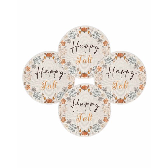 Fall Round Placemats Set of 4 Autumn Maple Leaf Place Mats Thanksgiving Woven Placemat Linen Happy Fall Circle Braided Table Mat for Kitchen Dining Table Autumn Party Home Decor 15 Inch