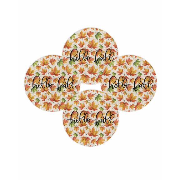Fall Round Placemats Set of 4 Autumn Maple Leaf Place Mats Thanksgiving Woven Placemat Orange Hello Fall Linen Circle Braided Table Mat for Kitchen Dining Table Autumn Party Home Decor 15 Inch