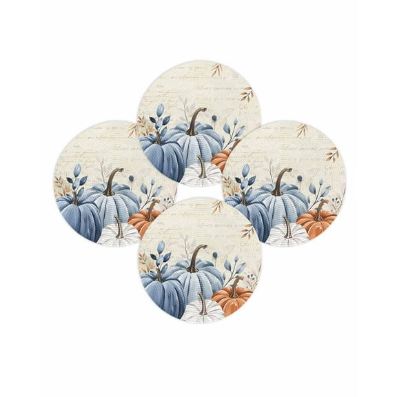 Fall Round Placemats Set of 4 Blue Pumpkin Place Mats Thanksgiving Woven Placemat Floral Eucalyptus Leaf Circle Braided Table Mat for Kitchen Dining Table Autumn Party Home Decor 15 Inch
