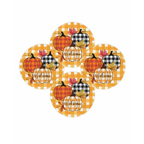 Fall Round Placemats Set of 4 Buffalo Plaid Pumpkin Place Mats Thanksgiving Woven Placemat Maple Leaf Orange Check Circle Braided Table Mat for Kitchen Dining Table Autumn Party Home Decor 15 Inch