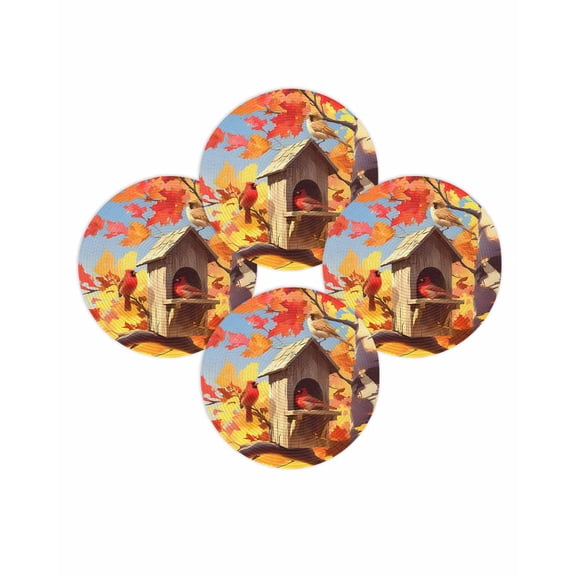 Fall Round Placemats Set of 4 Cardinal Bird Place Mats Thanksgiving Woven Placemat Bird Nest Maple Leaves Circle Braided Table Mat for Kitchen Dining Table Autumn Party Home Decor 15 Inch