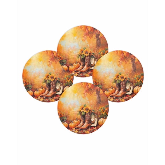 Fall Round Placemats Set of 4 Cowboy Boot Place Mats Thanksgiving Woven Placemat Fall Pumpkin Orange Sunflower Circle Braided Table Mat for Kitchen Dining Table Autumn Party Home Decor 15 Inch