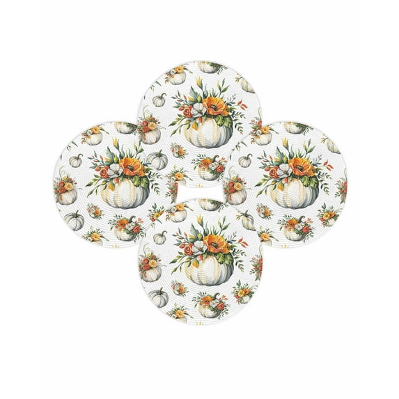Fall Round Placemats Set of 4 Floral White Pumpkin Place Mats Thanksgiving Woven Placemat Flower Leaves Circle Braided Table Mat for Kitchen Dining Table Autumn Party Home Decor 15 Inch