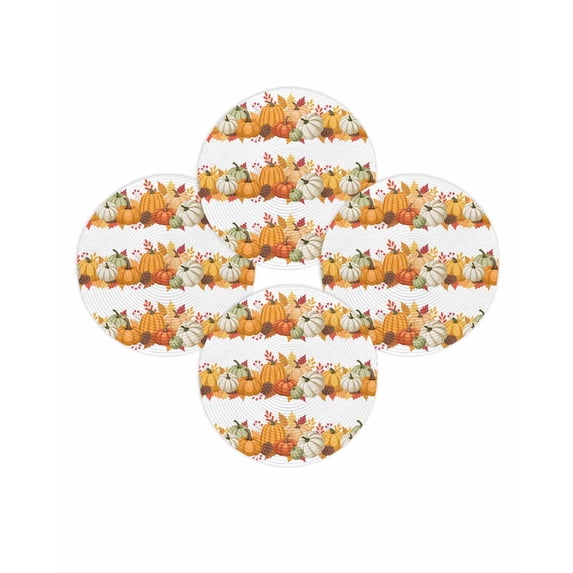 Fall Round Placemats Set of 4 Harvest Orange White Pumpkin Place Mats Thanksgiving Woven Placemat Pine Cones Maple Leaf Circle Braided Table Mat for Kitchen Dining Table Party Home Decor 15 Inch