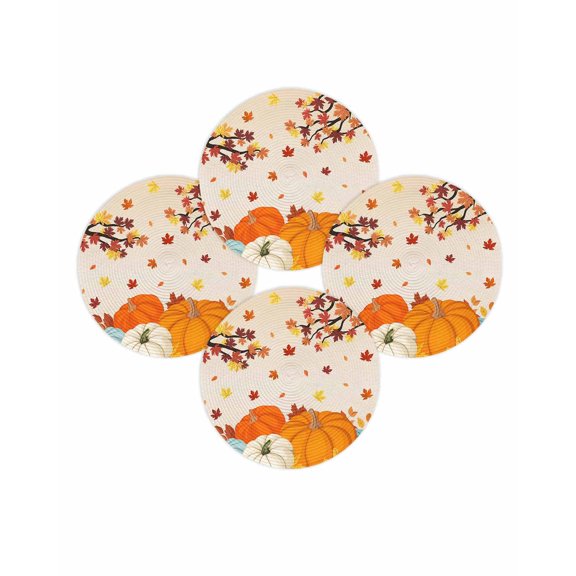 Fall Round Placemats Set of 4 Harvest Pumpkin Place Mats Thanksgiving Woven Placemat Autumn Maple Leave Circle Braided Table Mat for Kitchen Dining Table Autumn Party Home Decor 15 Inch