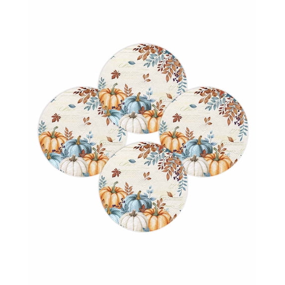 Fall Round Placemats Set of 4 Harvest Pumpkin Place Mats Thanksgiving Woven Placemat Fallen Eucalyptus Leaf Circle Braided Table Mat for Kitchen Dining Table Autumn Party Home Decor 15 Inch
