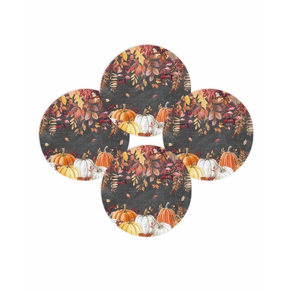Fall Round Placemats Set of 4 Harvest Pumpkin Place Mats Thanksgiving Woven Placemat Floral Orange Maple Leaf Black Circle Braided Table Mat for Kitchen Dining Table Autumn Party Home Decor 15 Inch