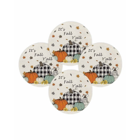 Fall Round Placemats Set of 4 Harvest Pumpkin Place Mats Thanksgiving Woven Placemat Maple Leaves Linen It's Fall Y'all Circle Braided Table Mat for Kitchen Dining Table Party Home Decor 15 Inch