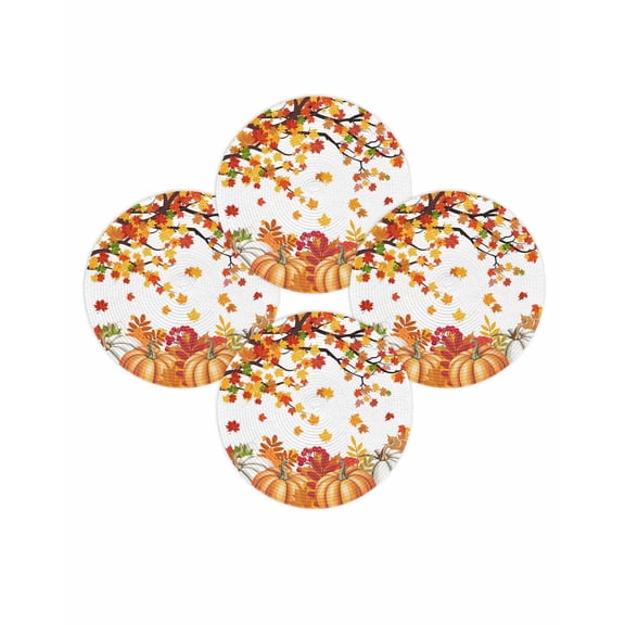 Fall Round Placemats Set of 4 Harvest Pumpkin Place Mats Thanksgiving Woven Placemat Orange Fallen Maple Leaves Circle Braided Table Mat for Kitchen Dining Table Autumn Party Home Decor 15 Inch