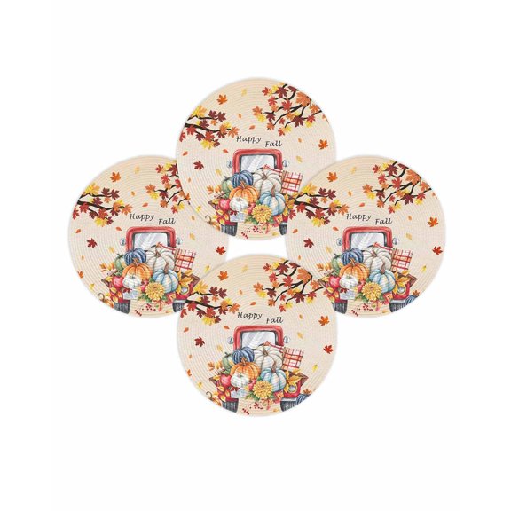 Fall Round Placemats Set of 4 Harvest Pumpkin Truck Place Mats Thanksgiving Woven Placemat Orange Maple Leaf Happy Fall Circle Braided Table Mat for Kitchen Dining Table Party Home Decor 15 Inch