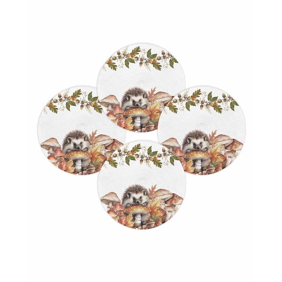 Fall Round Placemats Set of 4 Hedgehog Mushroom Place Mats Thanksgiving Woven Placemat Maple Leaf Circle Braided Table Mat for Kitchen Dining Table Autumn Party Home Decor 15 Inch