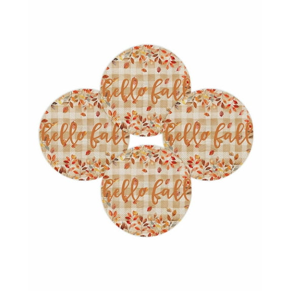 Fall Round Placemats Set of 4 Hello Fall Place Mats Thanksgiving Woven Placemat Autumn Leaf Orange Plaid Circle Braided Table Mat for Kitchen Dining Table Autumn Party Home Decor 15 Inch