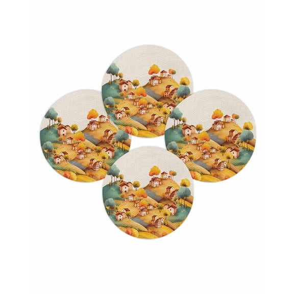 Fall Round Placemats Set of 4 Hill House Place Mats Thanksgiving Woven Placemat Autumn Tree Forest Mountain Linen Circle Braided Table Mat for Kitchen Dining Table Autumn Party Home Decor 15 Inch