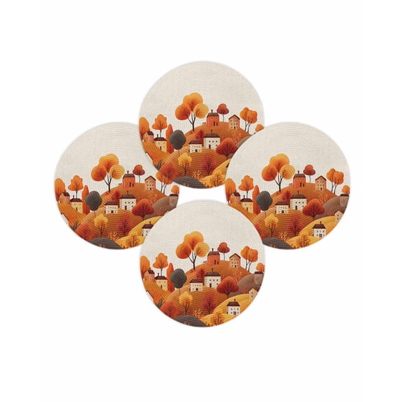Fall Round Placemats Set of 4 Hill House Place Mats Thanksgiving Woven Placemat Autumn Tree Mountain Linen Circle Braided Table Mat for Kitchen Dining Table Autumn Party Home Decor 15 Inch