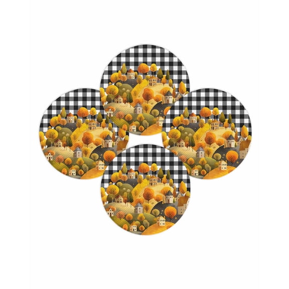 Fall Round Placemats Set of 4 Hill House Place Mats Thanksgiving Woven Placemat Yellow Autumn Tree Mountain Black Plaid Circle Braided Table Mat for Kitchen Dining Table Party Home Decor 15 Inch