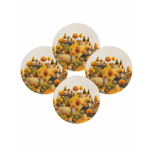 Fall Round Placemats Set of 4 Hill House Place Mats Thanksgiving Woven Placemat Yellow Autumn Tree Mountain Linen Circle Braided Table Mat for Kitchen Dining Table Autumn Party Home Decor 15 Inch