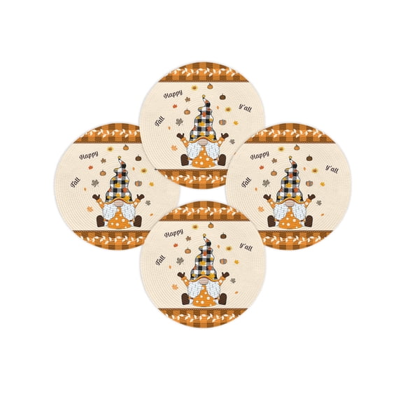 Fall Round Placemats Set of 4 Maple Leaf Pumpkin Place Mats Thanksgiving Woven Placemat Orange Plaid Checkered Circle Braided Table Mat for Kitchen Dining Table Autumn Party Home Decor 15 Inch