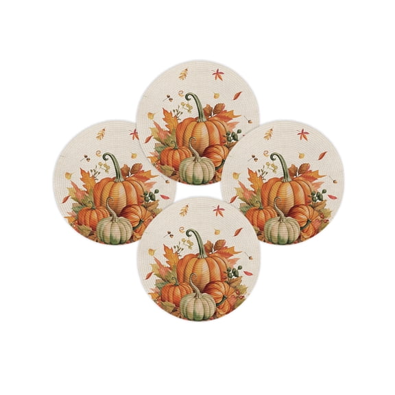 Fall Round Placemats Set of 4 Orange Pumpkin Place Mats Thanksgiving Woven Placemat Autumn Maple Leaf Nuts Circle Braided Table Mat for Kitchen Dining Table Autumn Party Home Decor 15 Inch