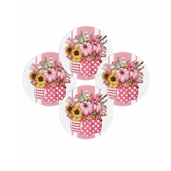 Fall Round Placemats Set of 4 Pink Pumpkin Place Mats Thanksgiving Woven Placemat Pine Cone Berry Sunflower Vase Stripe Circle Braided Table Mat for Kitchen Dining Table Party Home Decor 15 Inch