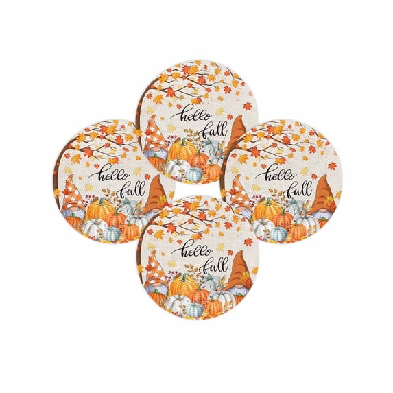 Fall Round Placemats Set of 4 Pumpkin Gnome Place Mats Thanksgiving Woven Placemat Hello Fall Autumn Maple Leaf Beige Circle Braided Table Mat for Kitchen Dining Table Party Home Decor 15 Inch