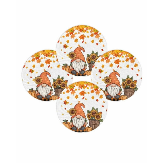 Fall Round Placemats Set of 4 Pumpkin Gnome Place Mats Thanksgiving Woven Placemat Sunflower Orange Maple Leaves Circle Braided Table Mat for Kitchen Dining Table Autumn Party Home Decor 15 Inch