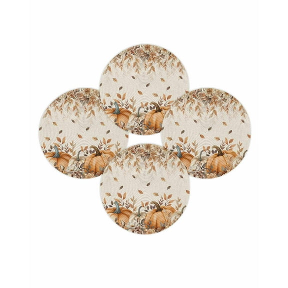 Fall Round Placemats Set of 4 Pumpkin Place Mats Thanksgiving Woven Placemat Fallen Fallen Leaves Roses Linen Circle Braided Table Mat for Kitchen Dining Table Autumn Party Home Decor 15 Inch