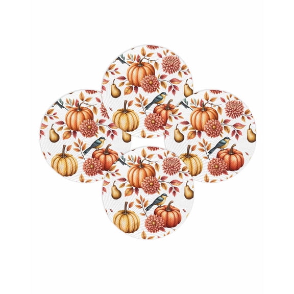 Fall Round Placemats Set of 4 Pumpkin Sparrow Place Mats Thanksgiving Woven Placemat Pear Dahlia Flower Leaves Circle Braided Table Mat for Kitchen Dining Table Autumn Party Home Decor 15 Inch