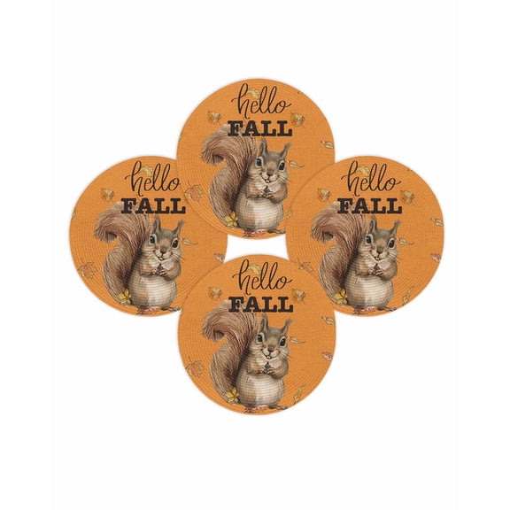 Fall Round Placemats Set of 4 Squirrel Leaves Place Mats Thanksgiving Woven Placemat Hello Fall Orange Circle Braided Table Mat for Kitchen Dining Table Autumn Party Home Decor 15 Inch