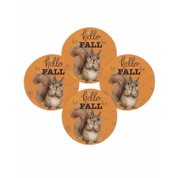 Fall Round Placemats Set of 4 Squirrel Leaves Place Mats Thanksgiving Woven Placemat Hello Fall Orange Circle Braided Table Mat for Kitchen Dining Table Autumn Party Home Decor 15 Inch