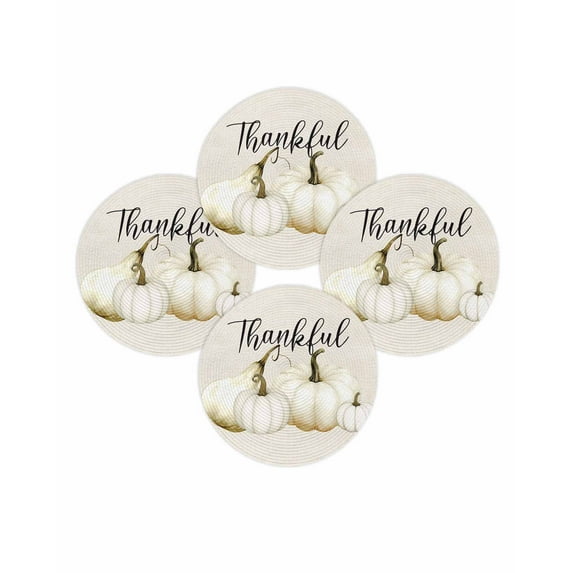 Fall Round Placemats Set of 4 White Pumpkins Place Mats Thanksgiving Woven Placemat Thankful Linen Circle Braided Table Mat for Kitchen Dining Table Autumn Party Home Decor 15 Inch