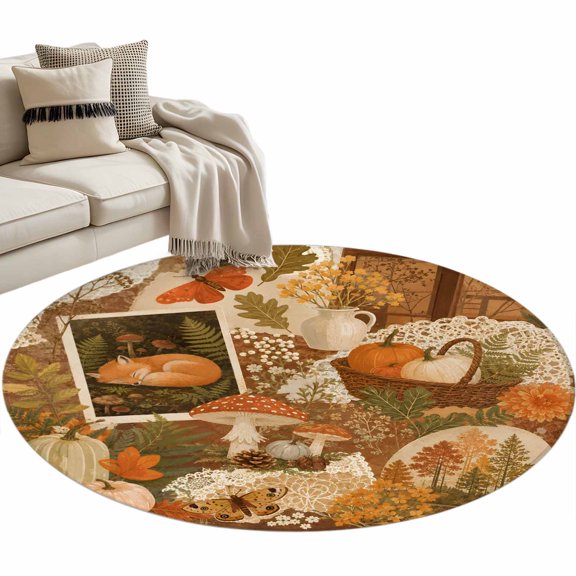 Fall Round Rug 3.3ft Washable Circle Entryway Rugs Non Slip Thanksgiving Country Harvest Fox Pumpkins Maple Leaf Area Rug Indoor Floor Carpet for Bedroom Kitchen Living Room Office Dining Room