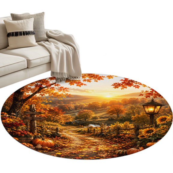 Fall Round Rug 3ft Washable Circle Entryway Rugs Non Slip Autumn Farmhouse Country Pumpkins Maple Leaves Area Rug Indoor Floor Carpet for Bedroom Kitchen Living Room Home Office Dining Room Nursery