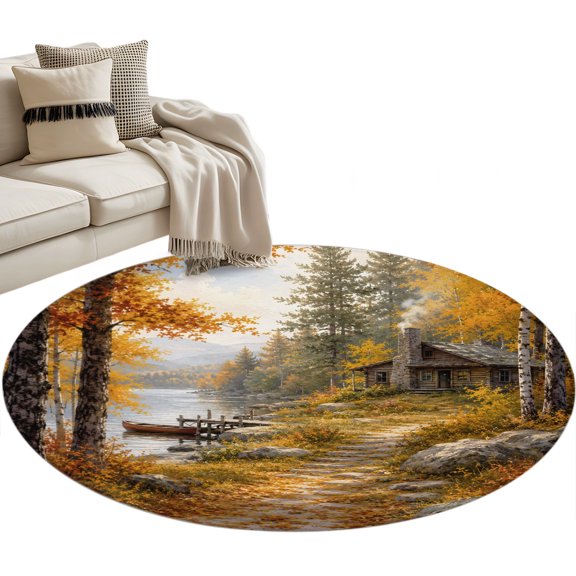 Fall Round Rug 3ft Washable Circle Entryway Rugs Non Slip Farmhouse Country Cabins Maple Leaves Trees Area Rug Indoor Floor Carpet for Bedroom Kitchen Living Room Home Office Dining Room Nursery