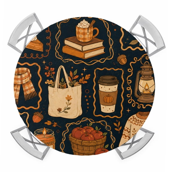 Fall Round Table Cover, Knit Sweater Coffee Mug Tote Bag Autumn Rustic Waterproof Fitted Tablecloths for 36"-44" Tables, Washable Picnic Table Cover for Camping Dining Indoor Outdoor