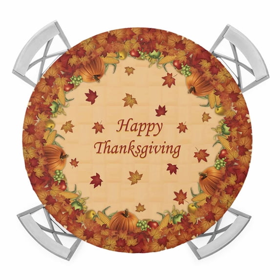 Fall Round Tablecloth for 45-54 Inch Tables,Fitted Table Cover with Elastic Edge,Thanksgiving Pumpkins Autumn Harvest Maple Leaf Waterproof Outdoor Table Cloth Protector for Patio Garden Dinner
