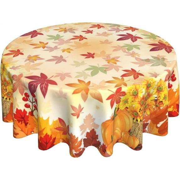Fall Round Tablecloth 60 Inch Autumn Maple Leaf Pumpkin Sunflower Print Decorative Table Cloth Thanksgiving Tablecloth Suitable for Home Kitchen Dining Table Outdoor Party Picnic