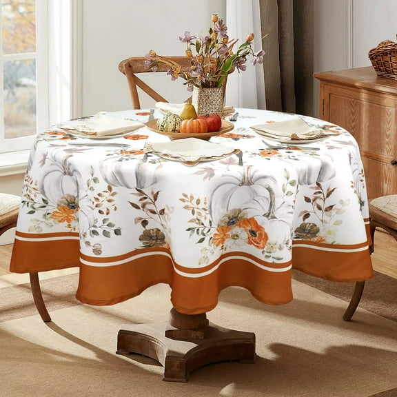 Fall Round Tablecloth 60 Inch, Autumn Pumpkin Floral Thanksgiving Harvest Table Cloth Cover for Party Picnic Dinner Decor