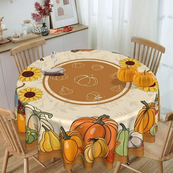 Fall Round Tablecloth 60 Inch Fall Decorations for The Home Pumpkin Leaves Table Cloth for Round Harvest Season, Autumn Tablecloths Cover Oblong Polyester Vintage for Thanksgiving Picnic Party Dinner