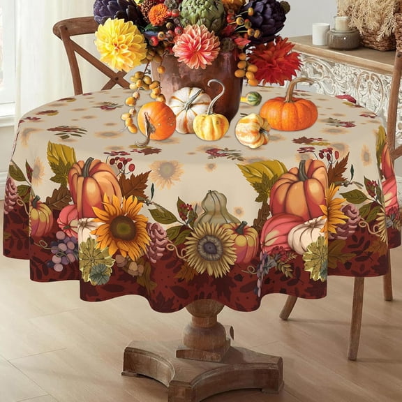 Fall Round Tablecloth 60 Inch,Fall Pumpkin Tablecloths Thanksgiving Washable Table Cover, Autumn Decoration Table Cloths for Party Picnic Dinner Table Decor