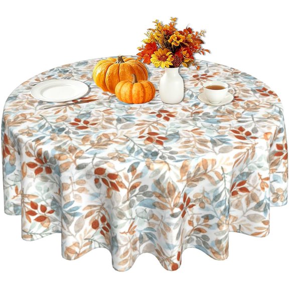 Fall Round Tablecloth 60 Inch Thanksgiving Autumn Harvest Table Cloth Orange Blue Watercolor Leaf Table Cover for Kitchen Dinner Picnic Home Party Outdoor