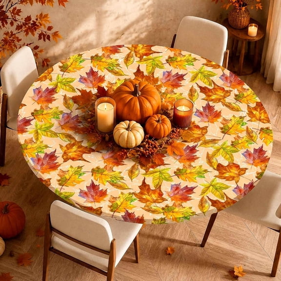 Fall Round Tablecloth with Elastic Edge, Watercolor Maple Leaf Table Cover for 36"-44" Tables, Thanksgiving Autumn Farmhouse Table Cloth, Water Resistant Dining & Party Decor