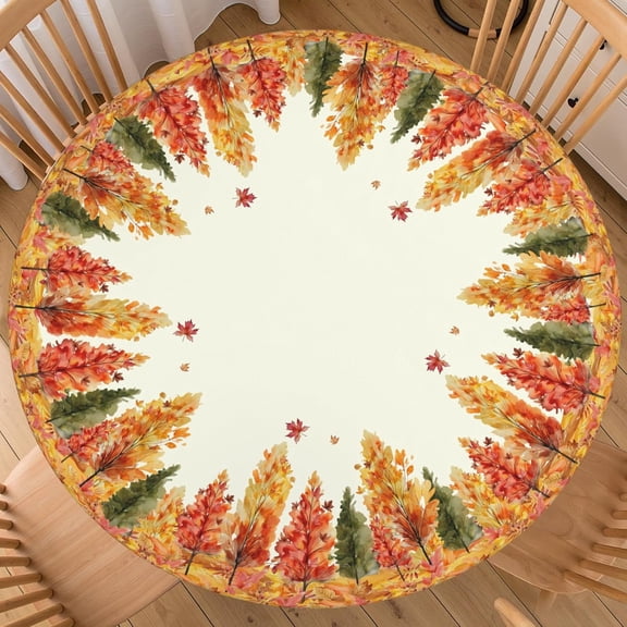 Fall Round Tablecloth Fitted Best for 44"-48" Maple Leaves Table Cloth Elastic Edge Water-Resistant Washable Farmhouse Autumn Trees Table Cover Decorations for Happy Party Picnic Outdoor Indoor Decor