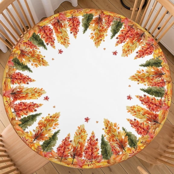 Fall Round Tablecloth Fitted Best for 48"-52" Maple Leaves Table Cloth Elastic Edge Water-Resistant Washable Farmhouse Autumn Trees Table Cover Decorations for Happy Party Picnic Outdoor Indoor Decor