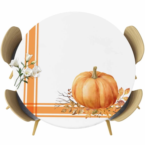 Fall Round Tablecloth, Fitted Table Cover with Elastic for 36"-44" Round Tables, Orange Pumpkin Thanksgiving Autumn Stripe Leaf Table Cloth Outdoor Indoor Dinning Party Waterproof Tablecloths